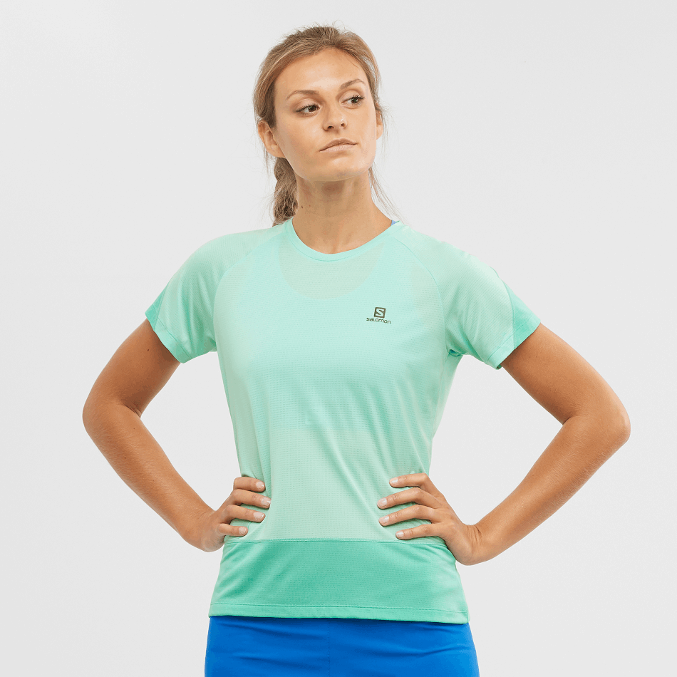 Women's Short Sleeve T-Shirt Cross Run Beach Glass-Pool Blue-Heather - Image 1
